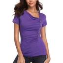 Women's Solid Color Ruched Single-Breasted Side Short Sleeve T-Shirt
