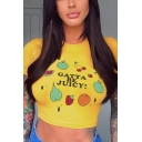 Lovely Fruits Letter Print Short Sleeve Slim Fit Yellow Cropped T-Shirt
