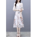 Holiday Floral Printed Half Sleeve Chiffon White Maxi A-Line Dress