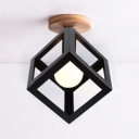Nordic Style Cage Frame Pendant Light with Wood Base in Black/Green/Yellow Finish, 6