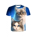 Cartoon Cat Pattern Round Neck Short Sleeves Blue Unisex Casual T-Shirt