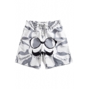 Fashion Spectacle Beard Letter Printed Drawstring Waist Fast Drying Unisex Grey and White Shorts Swim Trunks