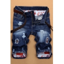 Mens Trendy Dark Blue Fashion Ripped Applique Slim Fit Denim Shorts