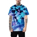 Summer New Stylish Ombre Tie-Dye Short Sleeve Unisex Loose Fit Blue T-Shirt