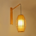 Asian Style Oval Shade Wall Lantern for Restaurant Bamboo Wall Light in Beige with Cylinder Inner Shade