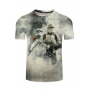 Mens Stylish Robot Soldier Print Short Sleeve Grey Basic T-Shirt