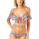 Women's Fashion Striped Print Spaghetti Straps Ruffle Detail Bikini