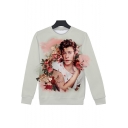 Canadian Singer-Songwriter Fashion Floral Character Printed Round Neck Long Sleeve Sweatshirt