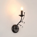 Single Light Candle Sconce Lighting with Clear Crystal Modern Style Iron Wall Mounted Light in Black