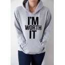 Women's Fashion Letter I'M WORTH IT Printed Long Sleeve Gray Hoodie with Pocket