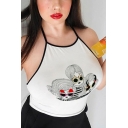 Sexy Cartoon Figure Printed White Halter Cropped Cami Top