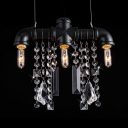 Black Pipe Ceiling Pendant Light with Clear Crystal Decoration 3-Light Rustic Hanging Light