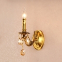 1/2 Lights Candle Wall Sconce with Clear Crystal Prisms Vintage Lighting Fixture in Gold for Hallway