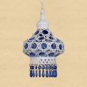 Traditional Lantern Ceiling Light Single Light Metal Pendant Lamp with Blue/Multi-Color Crystal Decoration