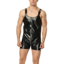 Cool Black PU Leather Sleeveless Mens Rompers Zipper Jumpsuit Party Overalls Sexy Clubwear