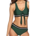 Fashion Army Green Sleeveless Tied Front Striped Edge Bikini