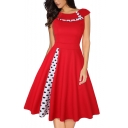 Women's Vintage Style Polka-Dot Buttons Patchwork Cap Sleeve Knee Length Party A-Line Dress