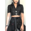Cool Black Notched Lapel Collar Short Sleeve Double Buckle Crop Shirt for Women