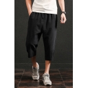 Men's Retro Chinese Style Beach Simple Plain Cropped Loose Cotton and Linen Pants