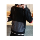 Guys Street Style Colorblocked Patchwork Long Sleeve Regular Fit Black Pullover Hoodie