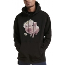 Cartoon Pig Floral Printed Long Sleeve Mens Sport Casual Pullover Hoodie