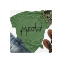 New Stylish Cat Letter MEOW Print Basic Short Sleeve Cotton Leisure T-Shirt