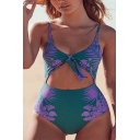 Womens Vintage Floral Printed Knotted Cut Out Front Green One Piece Swimsuit Swimwear
