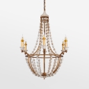 Dining Room Candle Chandelier Light Metal and Wooden Beads 5 Lights Antique Style Gold Pendant Light