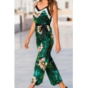 Womens Summer New Fashion Green Floral Printed Bow Tied Waist V-Neck Straps Wide Leg Jumpsuits