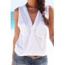 Summer Hot Popular Solid Color V-Neck Sleeveless Double-Pocket Front White T-Shirt