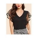 Womens Chic Lace Mesh Panel Sleeve V-Neck Simple Plain Summer Fitted T-Shirt