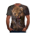 New Trendy Fashion Leopard Printed Basic Round Neck Short Sleeve Khaki T-Shirt For Men