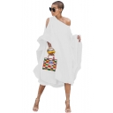 Women's Summer Simple Plain Cut Out One Shoulder Long Sleeve Midi Loose Asymmetrical Chiffon Dress