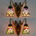 Flower/Peacock Tail Sconce Light with Mermaid Hotel 2 Lights Tiffany Style Stained Glass Wall Light