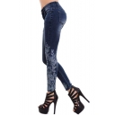 Womens New Fashion Floral Embroidery Side High Rise Skinny Fit Jeans