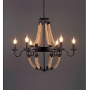 Black Candle Shape Chandelier Light 6/8 Lights Industrial Metal and Rope Hanging Light for Living Room