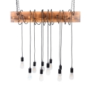 Industrial Style Bare Bulb Island Lighting10-Light Wood and Rope Linear Hanging Lamp in Antique Brass/Black