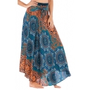 Womens Ethnic Style Tribal Printed Tied Waist Holiday Beach Two-Way Dance Flowy Skirt