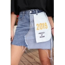 New Trendy Cool Letter Reverse Pocket Unique Patchwork Mini A-Line Asymmetrical Denim Skirt