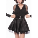 Halloween Black Witch Cosplay Costume Mesh Short Sleeve V-Neck Mini A-Line Dress