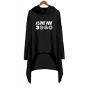 Unique Letter I Love You 3000 Long Sleeve Asymmetrical Casual Loose Hooded Dress