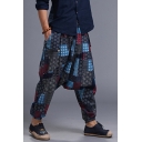 Popular Tribal Printed Elastic Waist Linen Loose Soft Sarouel Trousers Drop-Crotch Pants for Men
