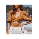 Women's Vintage Puff Sleeve V-Neck Double Button Hem Brown Cropped Top