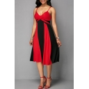 New Fashion Colorblock V-Neck Women's Plus Size Midi A-Line Slip Dress