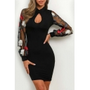 Womens Sexy Cutout Front Floral Embroidery Mesh Long Sleeve Black Mini Tight Dress