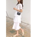 Summer Basic Solid Color Round Neck Short Sleeve Midi A-Line Ruffled Dress