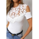 Chic Hollow Out Floral Lace Panel Round Neck Cold Shoulder Short Sleeve Slim Fit White T-Shirt for Women