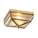 Metal Square Ceiling Fixture Dining Room 2 Lights Antique Style Flush Light in Brass