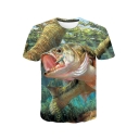 New Stylish Funny 3D Fish Printed Basic Round Neck Short Sleeve Green T-Shirt For Men