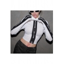 Womens Cool Street Style Letter Striped High Neck Long Sleeve Slim Fit White Cropped Tee